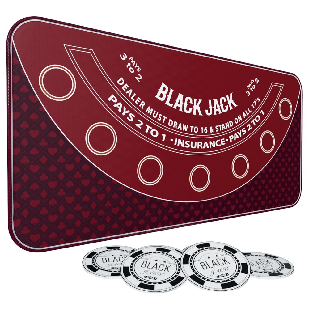 iEsstros 70" x 35" Blackjack Mat Blackjack Table Top Mat 21 Black Jack Mat for Casino Table Rubber Poker Mat with Storage Bag 6 Coasters for Casino Games -Red