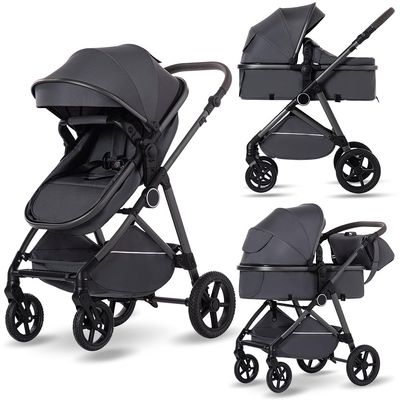 2 in 1 Baby Stroller, High Landscape Infant Stroller Pram Foldable Pushchair with Adjustable Canopy, Storage Basket,5-Point Harness,Mom Bags (Gray Tube Gray)
