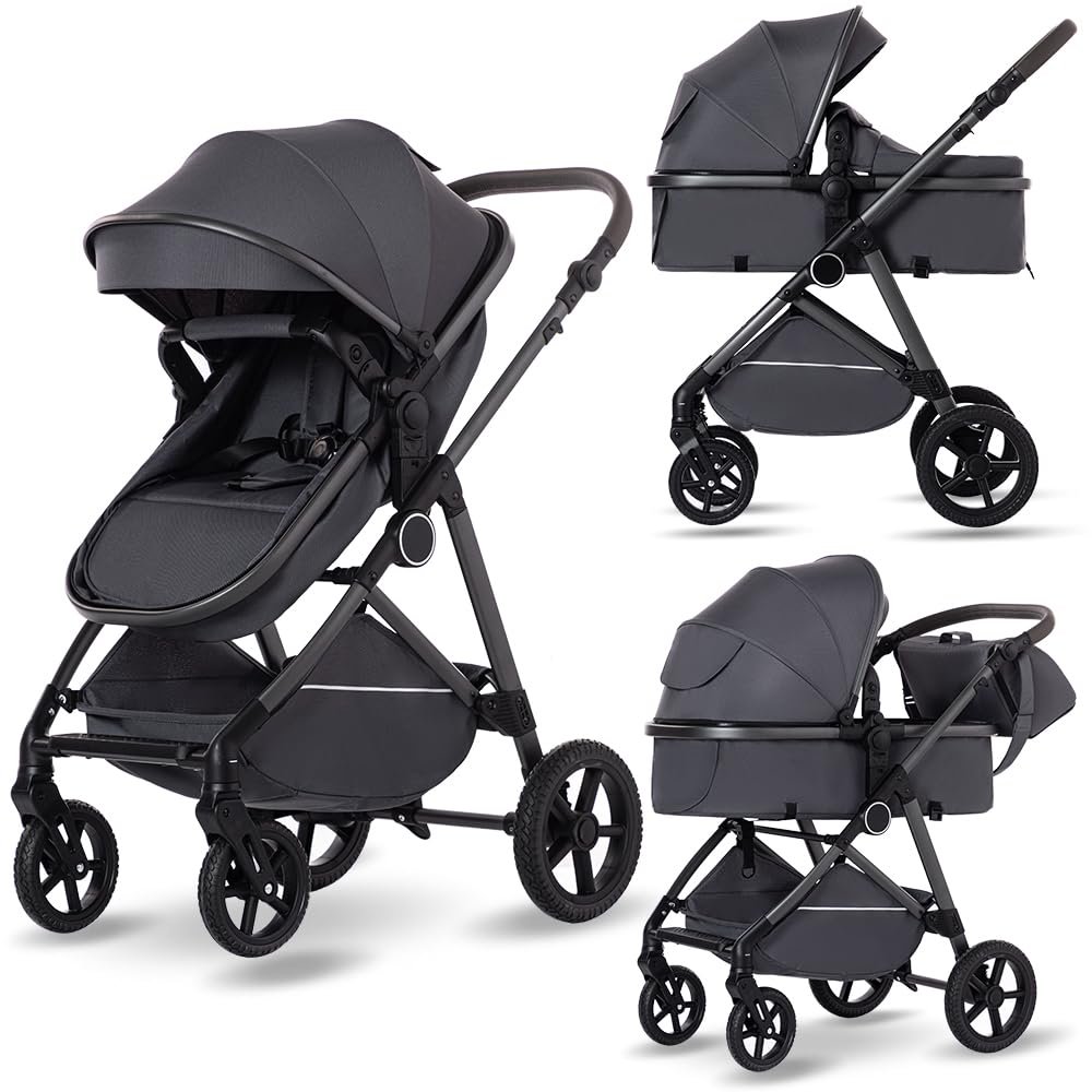 2 in 1 Baby Stroller, High Landscape Infant Stroller Pram Foldable Pushchair with Adjustable Canopy, Storage Basket,5-Point Harness,Mom Bags (Gray Tube Gray)