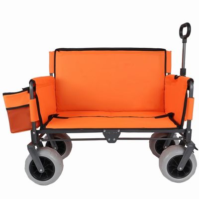 Versatile Folding Wagon with Bench Seat  Heavy-Duty Steel Frame, All-Terrain Wheels, Spacious Cargo Area for Outdoor Adventures (Orange + Steel)