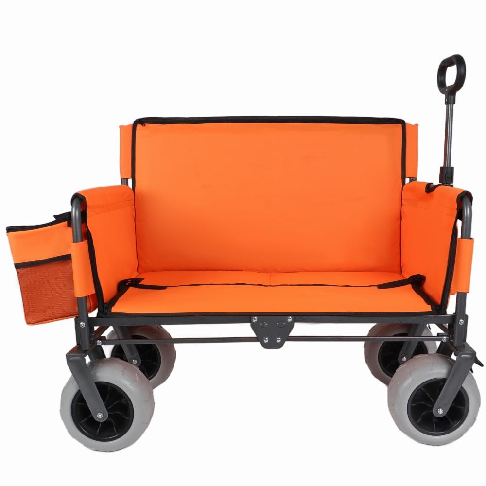 Versatile Folding Wagon with Bench Seat Heavy-Duty Steel Frame, All-Terrain Wheels, Spacious Cargo Area for Outdoor Adventures (Orange + Steel)