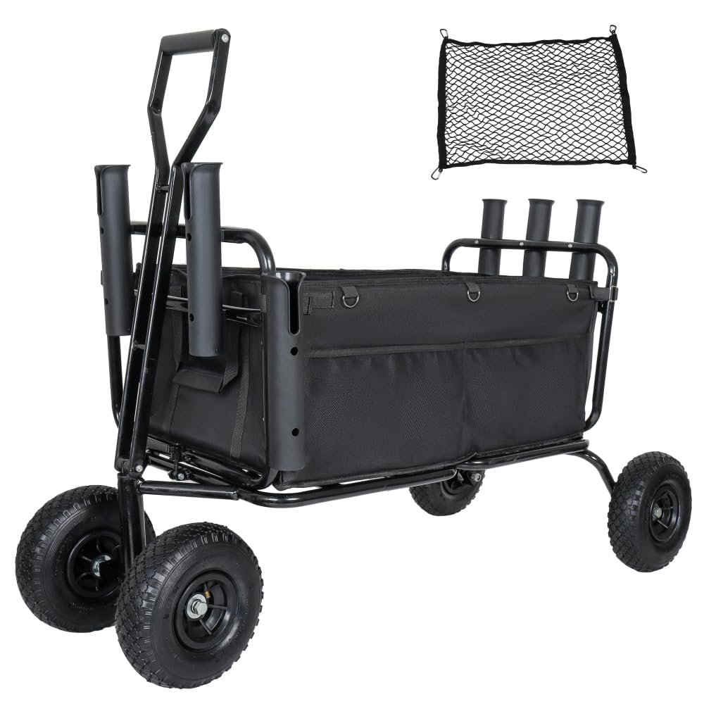 Heavy-Duty All-Terrain Utility Wagon with 9-Inch Pneumatic Tires for Sand, Grass, and Gravel  Foldable Steel Frame Cart for Outdoor Transport (Black + Steel-3)