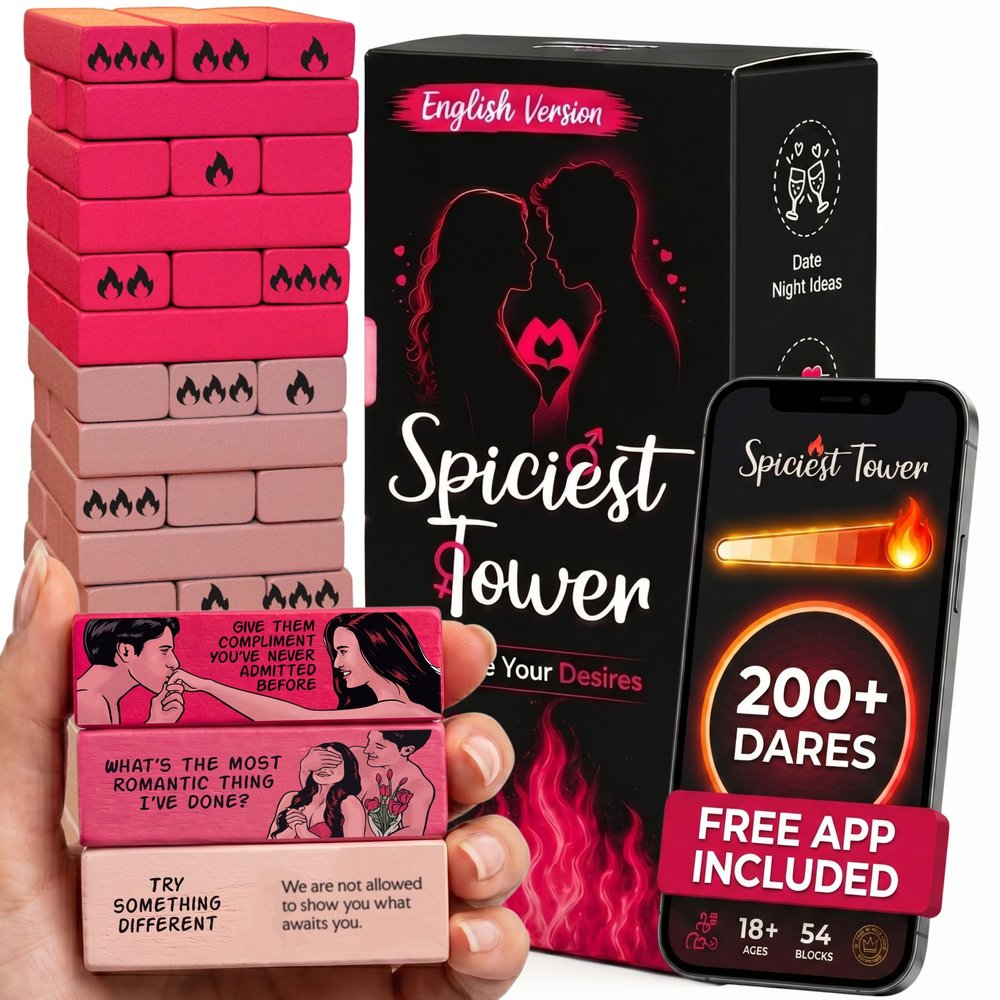 NEW DRAWINGS EDITION - 54 PINK BLOCKS - Spiciest Tower Stacking Wooden Block Game for Adults - Couple Dare Questions - Relationships - Funny Challenges - Date Night Couples Games - Valentine's Day
