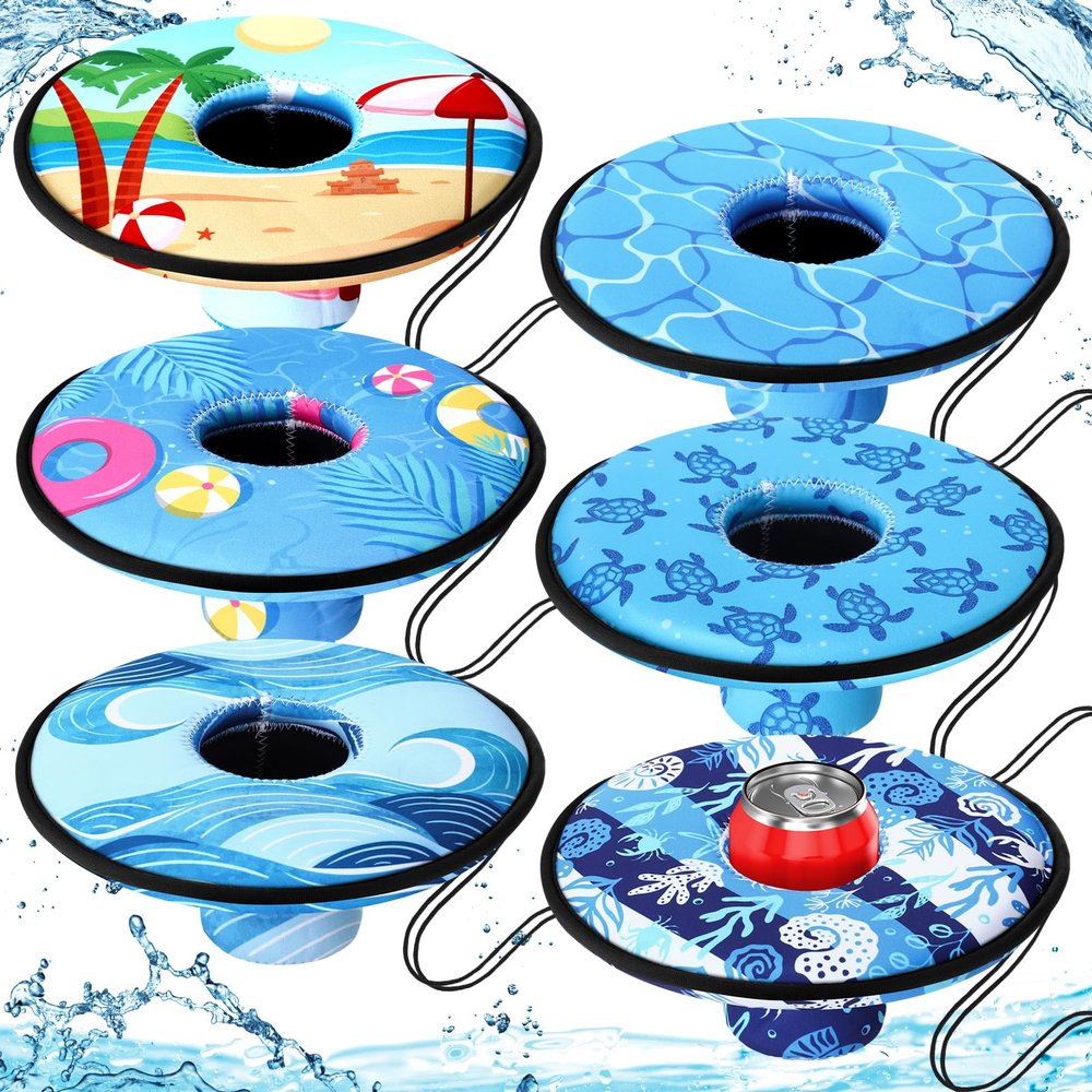 Funnymoom 6 Pcs Neoprene Floating Drink Holder Floating Coaster Pool Drink Floats Pool Beer Holder with Rope for Summer Theme Party Tub Lake Boat Water, Medium Size(Ocean Style)
