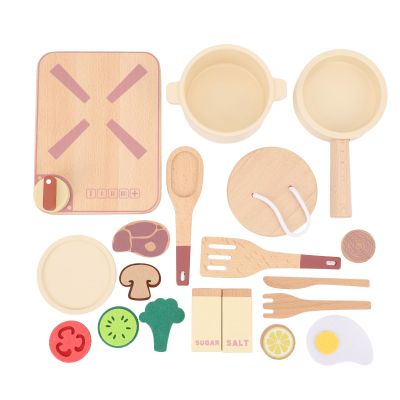 Nurnesy Kids Kitchen Accessories Wooden Cooking Toy with Pot Dish Spoon Fork Foods Model Kitchen Food Cooking Toy Set for Toddlers