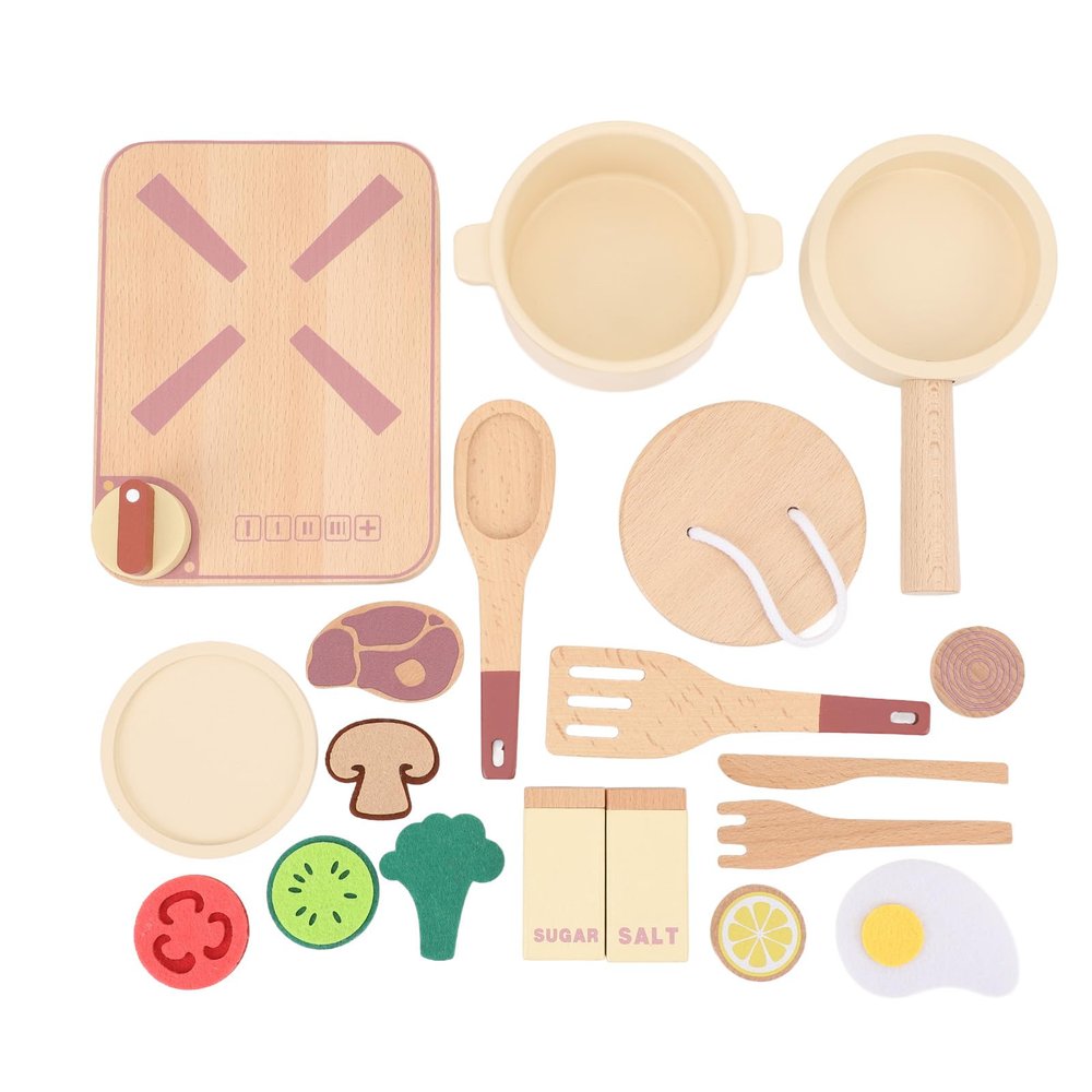 Nurnesy Kids Kitchen Accessories Wooden Cooking Toy with Pot Dish Spoon Fork Foods Model Kitchen Food Cooking Toy Set for Toddlers