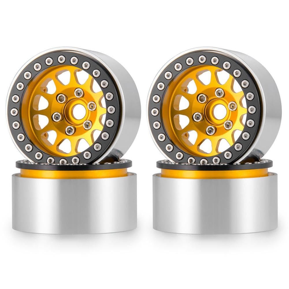 1.9 Inch Aluminum Beadlock Wheel Rims Deep Dish Negative Offset 10mm Compatible With 90046 and Similar 1/10 Scale RC Crawler Car Parts(Yellow 4Pcs)