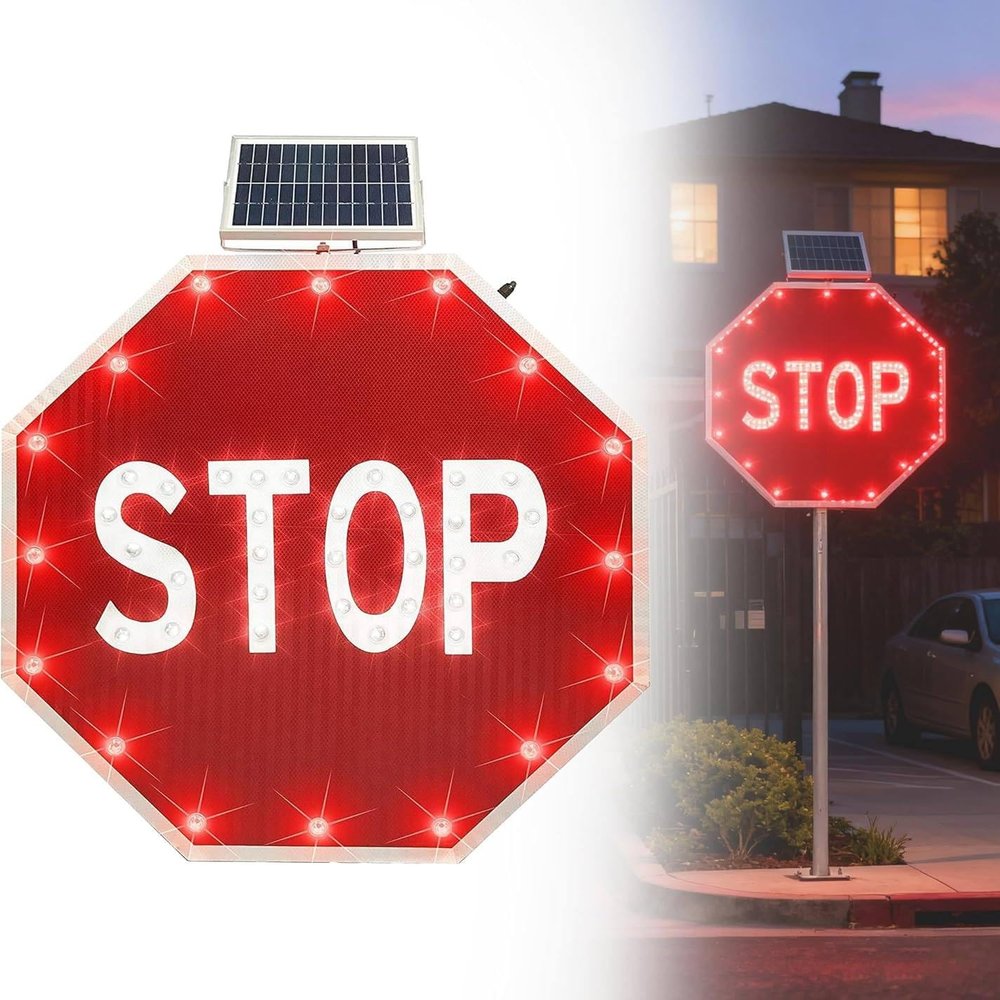 30x30 Inch Solar LED Traffic Sign, Illuminated Warning Sign with Flashing Lights, Lend Stop Road Safety Sign, Durable & Weatherproof, Solar-Powered for High Visibility