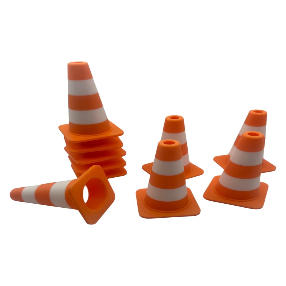 10-Pack 1/10 Scale Miniature Traffic Cones - Realistic Orange & White Construction Pylons for RC Cars, Drifting Courses, Dioramas, and Photography Props - Stackable Safety Road Markers