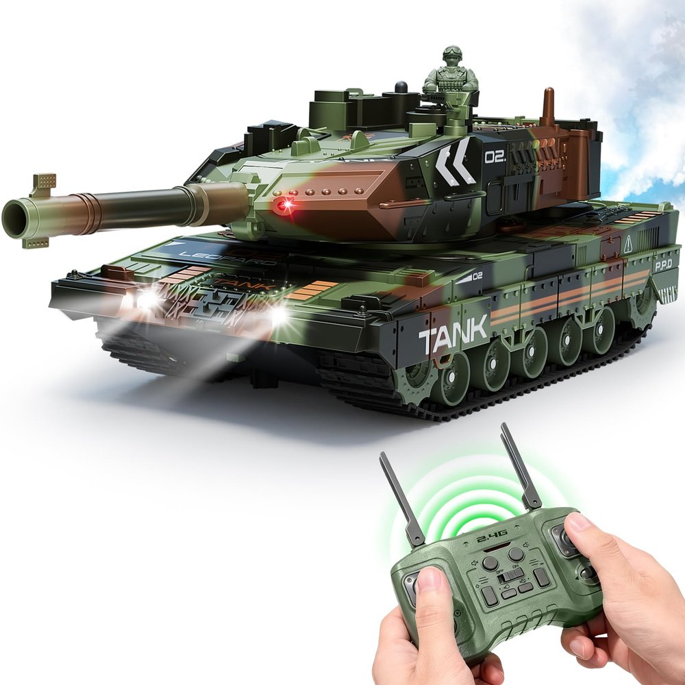 AIGIMU RC Tank That Shoot, 13 Channel Remote Control Army Tank with 330 Rotating Turret for Kids, One-Key Auto Demo, Sound & Light & Smoke, Military Vehicles Model Gift for Boys
