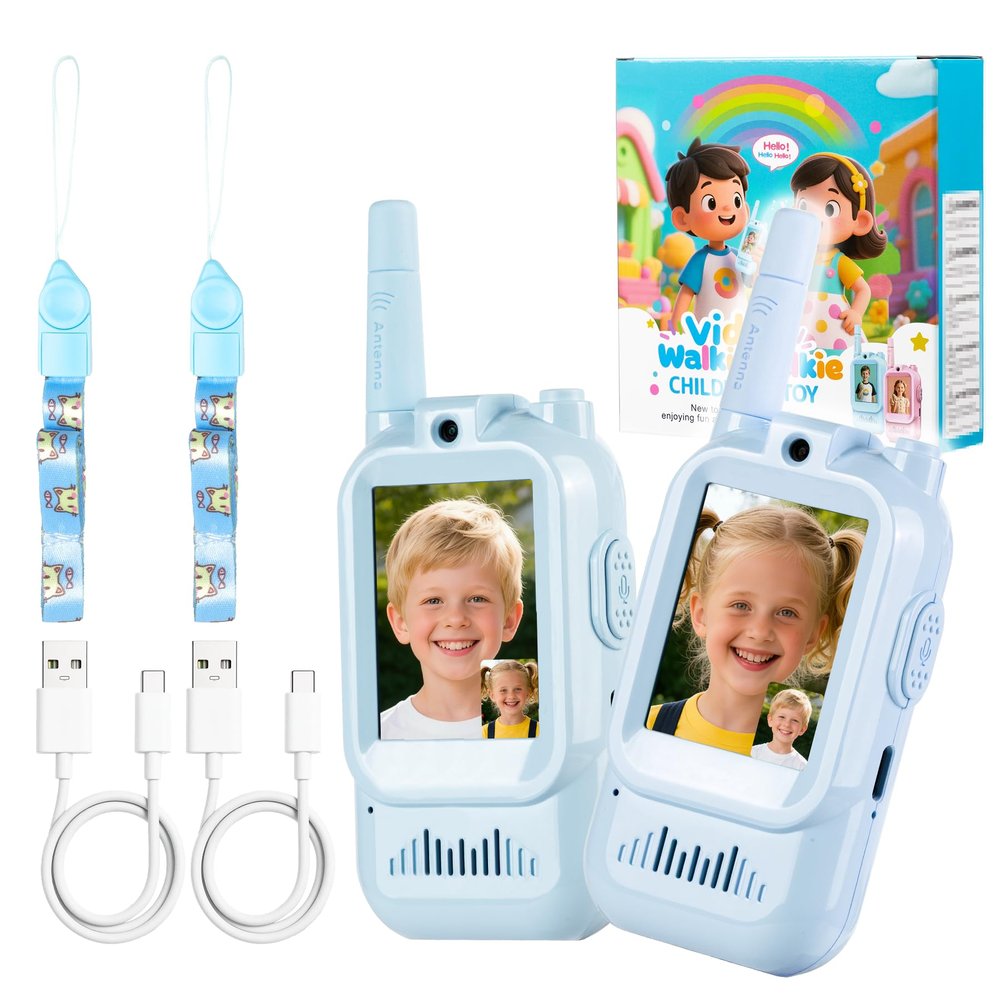 PETIMETI Video Walkie Talkies for Kids 2 PACK, Rechargeable Long Range Kids Walkie Talkie with HD Camera & Voice Changer Indoor Outdoor Camping & Christmas Birthday Gifts Toys for Boy Girl (Blue+Blue)