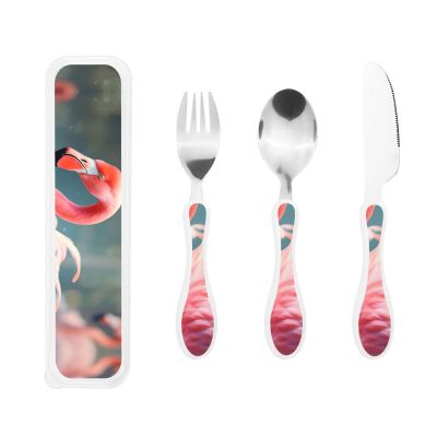 3-Piece Kids Silverware Set, Stainless Steel Reusable Children Safe Knife Spoon Fork Set With Storage Case Pink Flamingo Children Flatware Set For Kids Lunch Box
