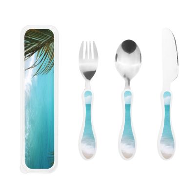 3-Piece Kids Silverware Set, Stainless Steel Reusable Children Safe Knife Spoon Fork Set With Storage Case Ocean Sea Beach Palm Leaves Children Flatware Set For Kids Lunch Box