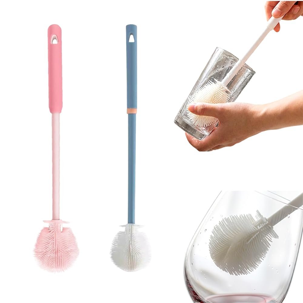 2PC 360 Flexible Silicone Bottle Brush with Long Handle, Soft Bottle Cleaning Brush for Narrow Neck Bottles, Water Bottles, Glassware and Flasks (Blue+Pink)