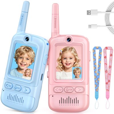 Video Walkie Talkies for Kids, 2 Pack Rechargeable Video Intercom Kids Walkie Talkies, Long Range Two Way Radio with 4 Voice Effects, Kid Indoor Outdoor Toys Birthday Gift for Age 3-12(Blue/Pink)