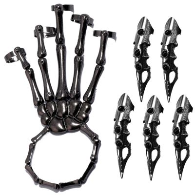 Cndiyald Skeleton Hand Bracelet with 5 Rings, Movable Joint Punk Gothic Jewelry, Plated Alloy Halloween Cosplay Party Accessory, Black