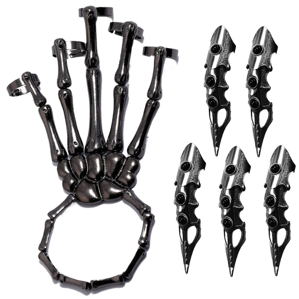 Cndiyald Skeleton Hand Bracelet with 5 Rings, Movable Joint Punk Gothic Jewelry, Plated Alloy Halloween Cosplay Party Accessory, Black