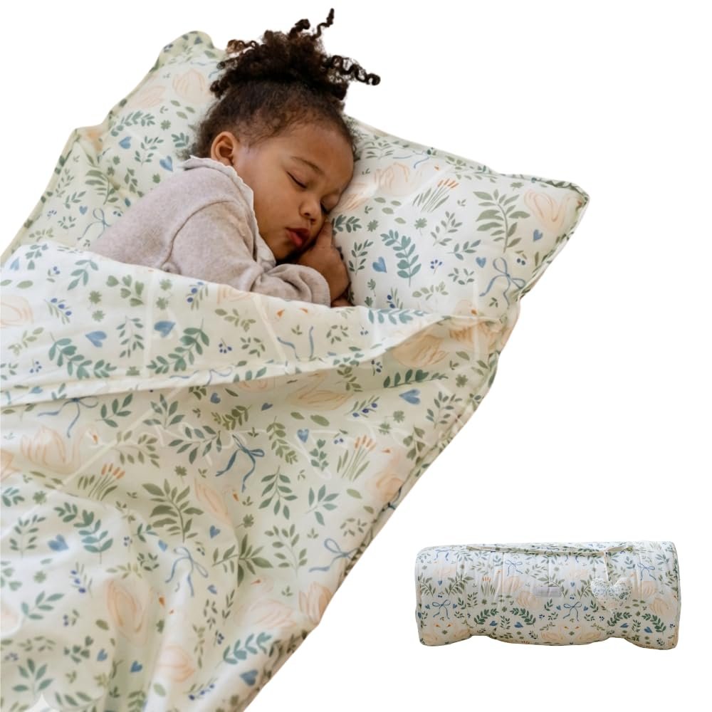Bloomere Organic Toddler Nap Mat  100% Cotton Kids Washable Sleeping Mat & Detachable Pillow  Sleeping Bag with Soft 1.5 Pad  Ideal Nap Mat for Daycare, Preschool, & Sleepovers (Swan)