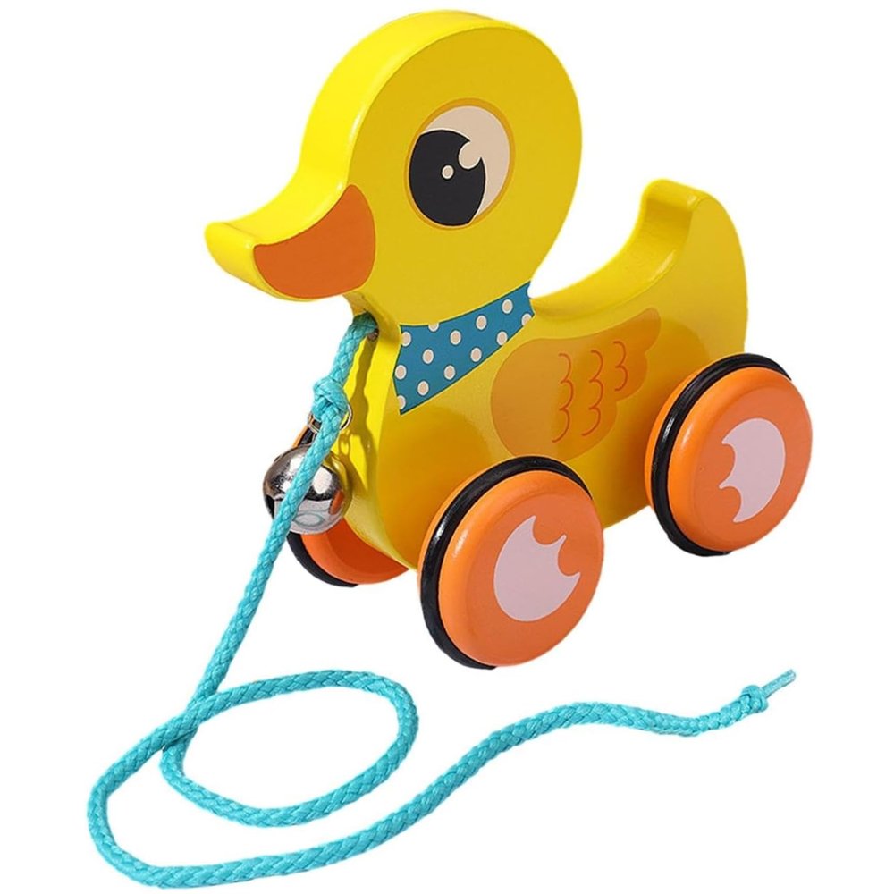 Baby Pull Toy, Wooden Pull Toy with Bell & Non-Slip Wheel, Interactive Duck for 1-3 Year Olds, Develops Mobility, Balance & Hand Eye Coordination Skills, Yellow-.