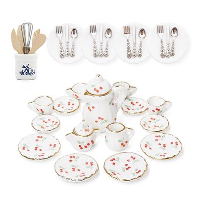 Odoria 1/12 Dollhouse Miniature Tea Set Porcelain 15Pcs Dolls Decoration Accessories with 16Pcs Miniatures Kitchen Plates Cutlery Set and Cooking Supplies, Cherry