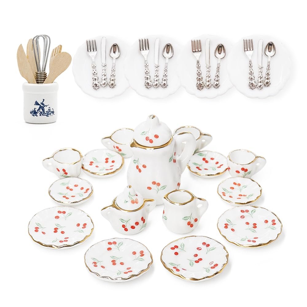 Odoria 1/12 Dollhouse Miniature Tea Set Porcelain 15Pcs Dolls Decoration Accessories with 16Pcs Miniatures Kitchen Plates Cutlery Set and Cooking Supplies, Cherry
