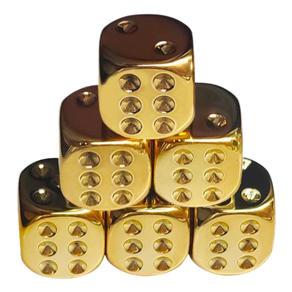 6cs Gold Dice, 6-Sided Dice with Rounded Corner, 0.6" Plated Gold, Portable Replacement Acrylic for Board Games, Party Games, Silver