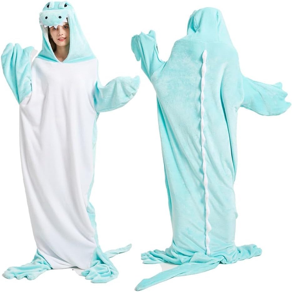 Animal Mouth Sleeping Bag, Flannel Crocodile Shark Blanket, Wearable Plush Pajama Sleeping Sack for Home & Travel (Blue, L)
