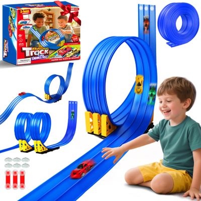3-Lane Flexible Race Track for Kids: 15ft DIY Bendable Ramp with Suction Cups Portable Roll-Up Car Track for Kids Compatible with 1:64 Diecast Cars Easter Birthday Gift for Boys Girls Ages 3+