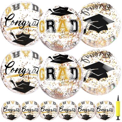 24 Pcs 16 Inch Black Gold Graduation Inflatable Beach Balls with Air Pump Congrats Grad Sign Activities Beach Ball 2026 Graduation Party Favor Swimming Pool Supplies for Graduates Seniors College