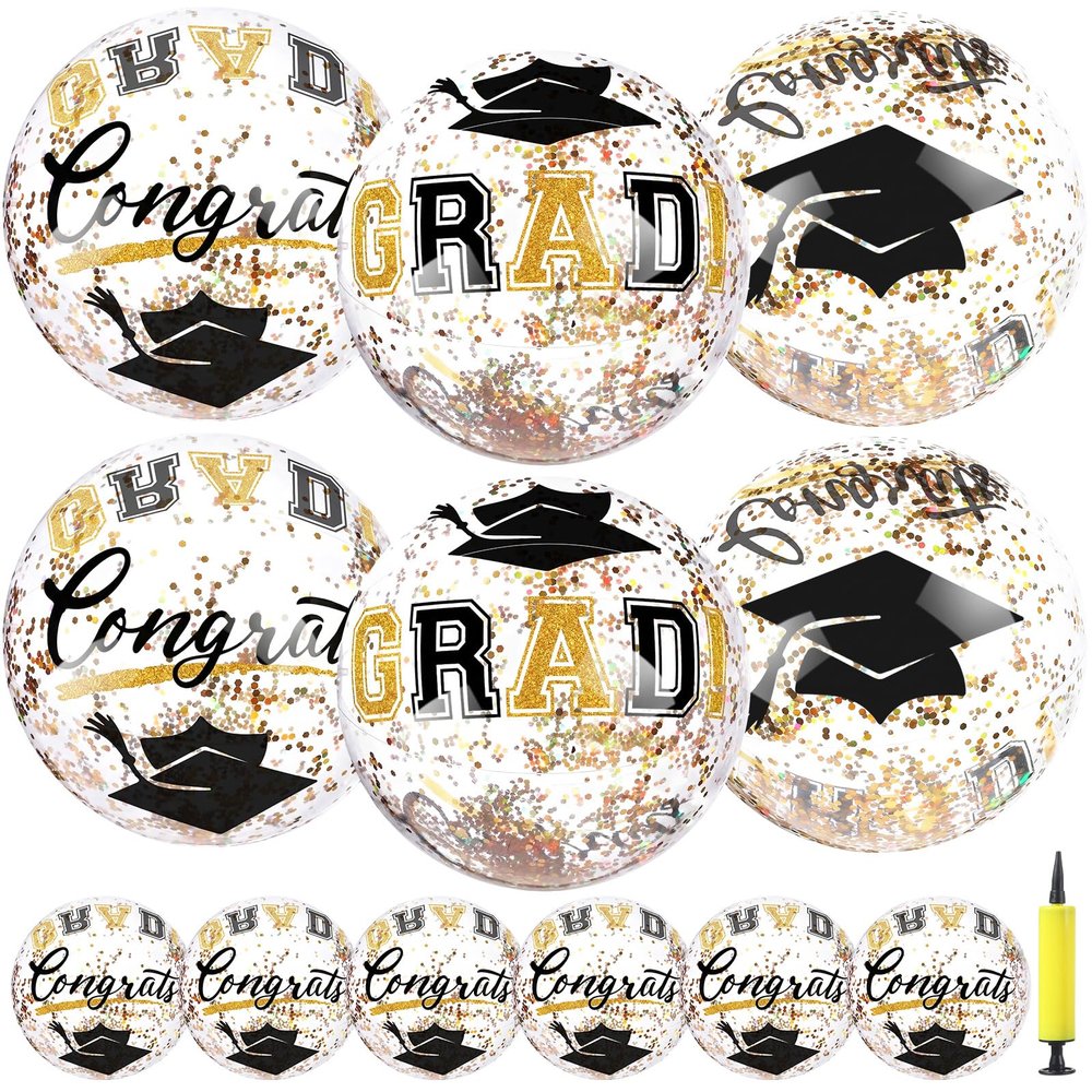 24 Pcs 16 Inch Black Gold Graduation Inflatable Beach Balls with Air Pump Congrats Grad Sign Activities Beach Ball 2026 Graduation Party Favor Swimming Pool Supplies for Graduates Seniors College