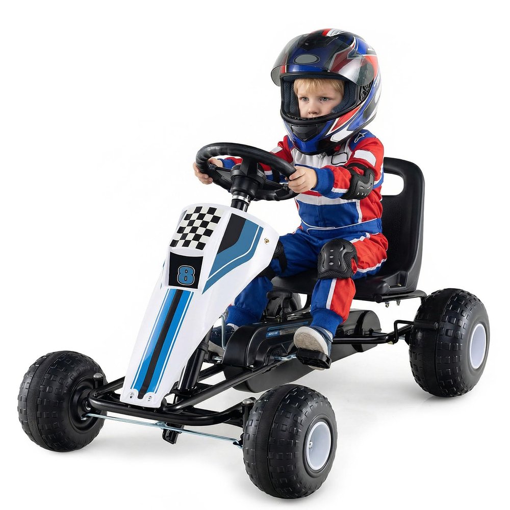HONEY JOY Pedal Go Kart, 4-Wheeler Toddler Racing Ride On Pedal Car Toy for Kids, Forward/Backward, Ergonomic Seat, Handbrake, Steering Wheel, Outdoor Off-Road Go Cart for Boys Girls Gift (White)