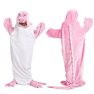 Animal Mouth Sleeping Bag, Flannel Crocodile Shark Blanket, Wearable Plush Pajama Sleeping Sack for Home & Travel (Pink, S)