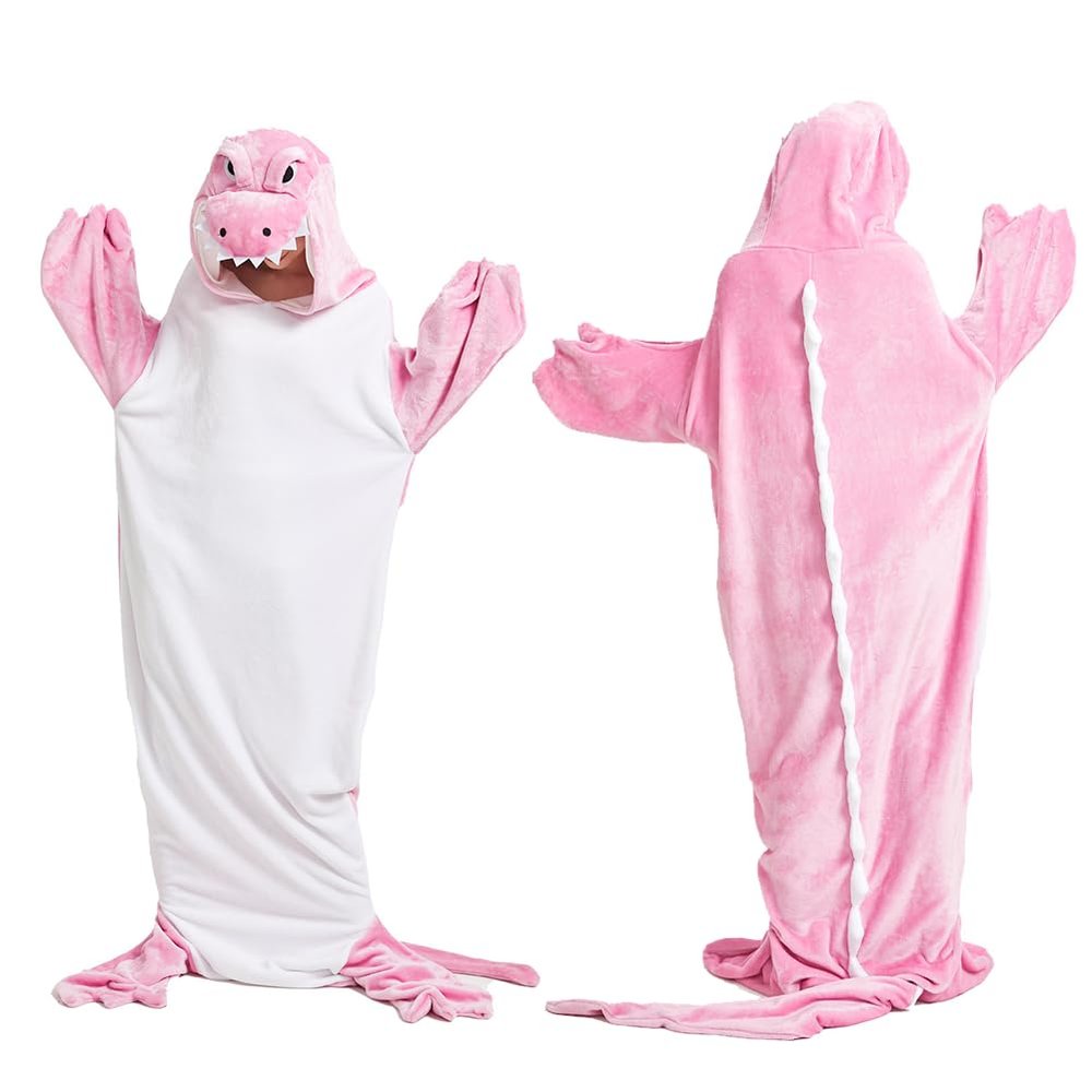 Animal Mouth Sleeping Bag, Flannel Crocodile Shark Blanket, Wearable Plush Pajama Sleeping Sack for Home & Travel (Pink, S)