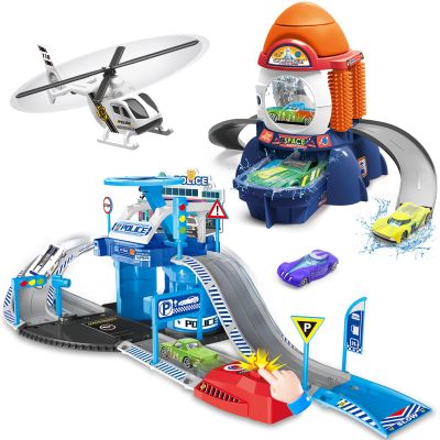 Fistone Kids Parking & Car Wash Playset with Car Launcher Function and 3 Color-Changing Cars Fun Racing & Car Wash Toy for Children