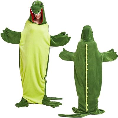 Animal Mouth Sleeping Bag, Flannel Crocodile Shark Blanket, Wearable Plush Pajama Sleeping Sack for Home & Travel (Green, L)