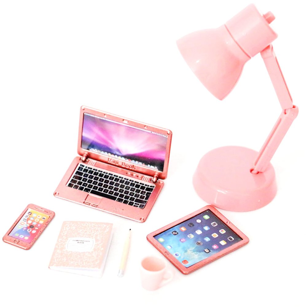 Dollhouse Accessories Mini Laptop Tablet Phone Mini Books Cup Pencil 6Pcs/Set Miniature Office Set Realistic 1/12 Scale Accessories for Dollhouse Crafts Scene.