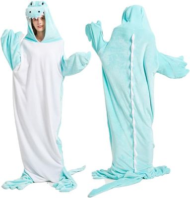 Animal Mouth Sleeping Bag, Flannel Crocodile Shark Blanket, Wearable Plush Pajama Sleeping Sack for Home & Travel (Blue, XL)