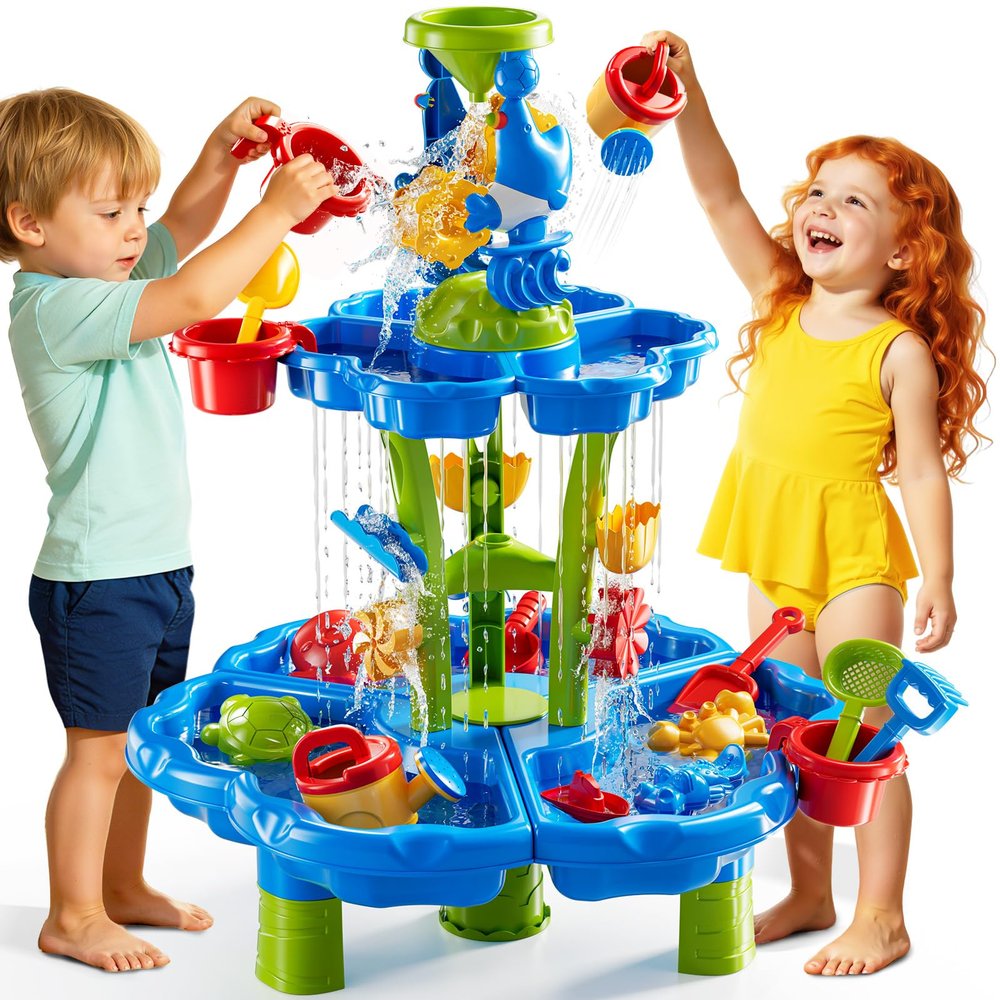 DULONIME 2-Tier Sand and Water Table Toys for Kids Aged 3 4 5 6 7 8, Water Waterfall Sensory Play Table with Beach Toys Accessories, Outdoor Activity Playset for Toddlers 2-4 3-5 4-6, Birthday Gifts