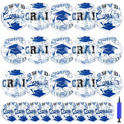 24 Pcs 16 Inch Blue Gold Graduation Inflatable Beach Balls with Air Pump Congrats Grad Sign Activities Beach Ball 2026 Graduation Party Favor Swimming Pool Supplies for Graduates Seniors College