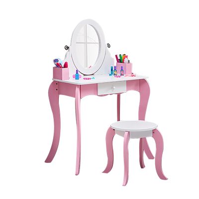 Brrnoo Kids Vanity Set, Princess Makeup Table with 360 Rotating Mirror and Whiteboard, Pink Dressing Table for Girls Bedroom, Sturdy MDF Wood with Safety Anti Tip Device