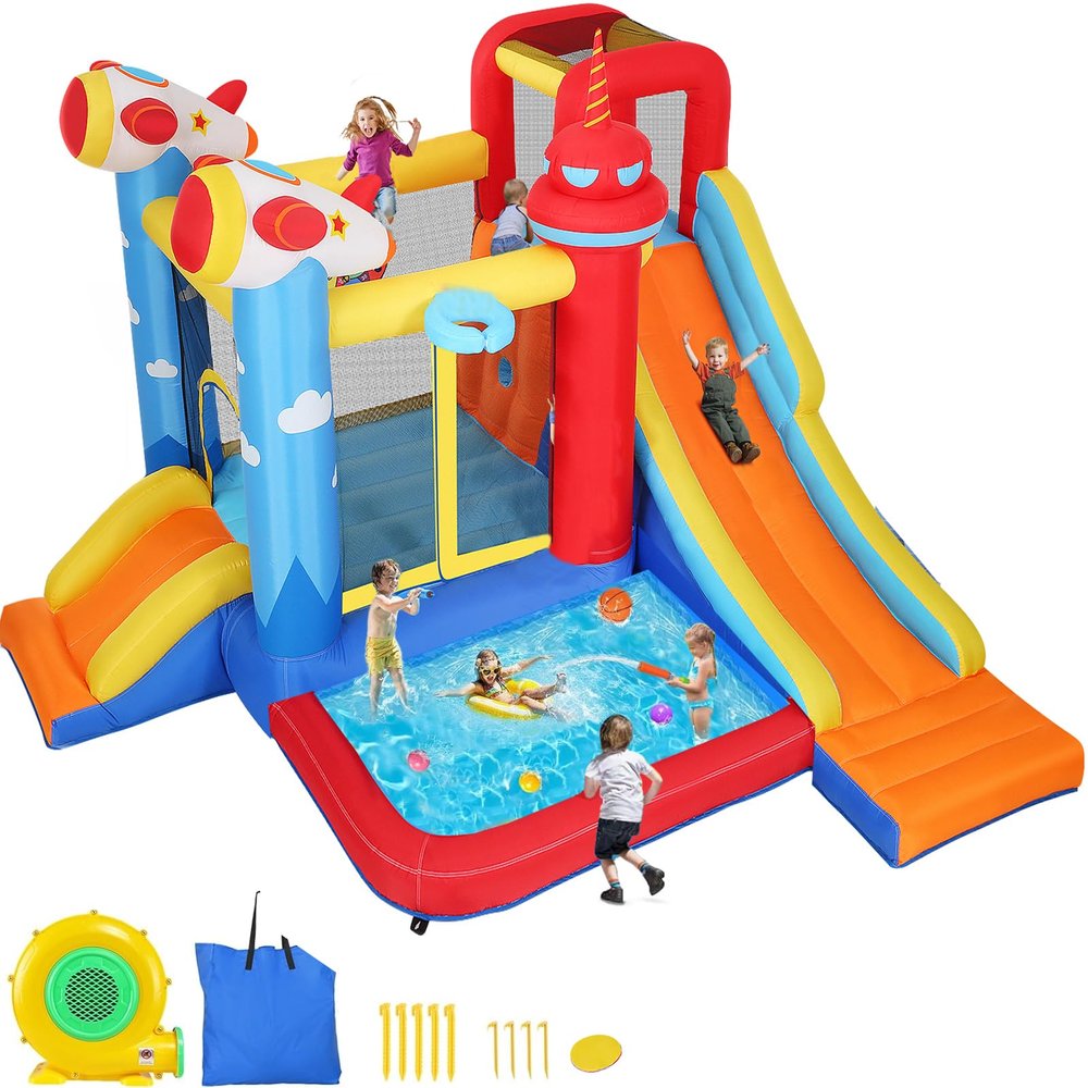 Commowner Inflatable Bounce House Water Slide, 7-in-1 Bouncy Castle Combo Water Pool & Bouncing Area & Slides & Basketball Game & Dart Game, Jump House for Kids Aged 3-10 w/Storage Bag,