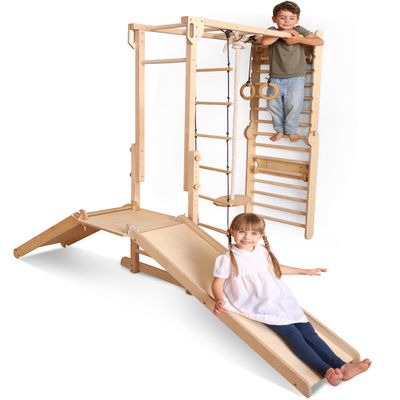 9-in-1 Wooden Indoor Climbing Frame for Children, Montessori-Inspired Climbing Set with Wall Bars, Monkey Bars, Pull-Up Bar, Rings, Swing, Rope Ladder, Climbing Board, Slide & Platform