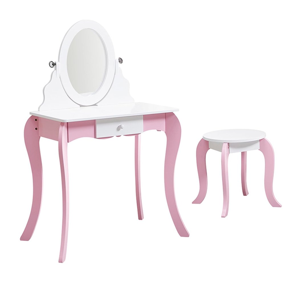 HURRISE Kids Vanity Set, Princess Makeup Table with 360 Degree Rotating Mirror and Whiteboard, 2 Storage Boxes and Anti Tip Device, with Erasable Marker, for Girls Bedroom Playroom Study
