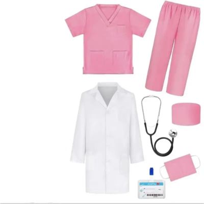 Snacko 7PCS Doctor Nurse Costume Set - Role Play Medical Scrubs With Stethoscope For Halloween Dress Up - Pink/Green/Blue(Pink,130(125-135CM))