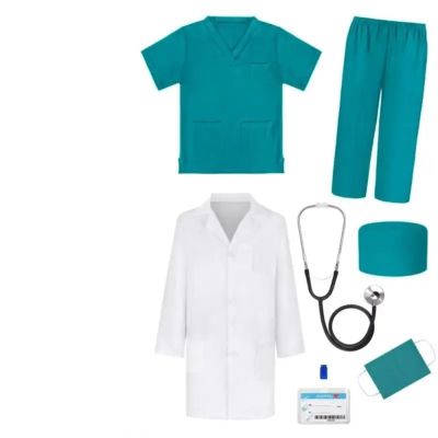 Snacko 7PCS Doctor Nurse Costume Set - Role Play Medical Scrubs With Stethoscope For Halloween Dress Up - Pink/Green/Blue(Green,130(125-135CM))