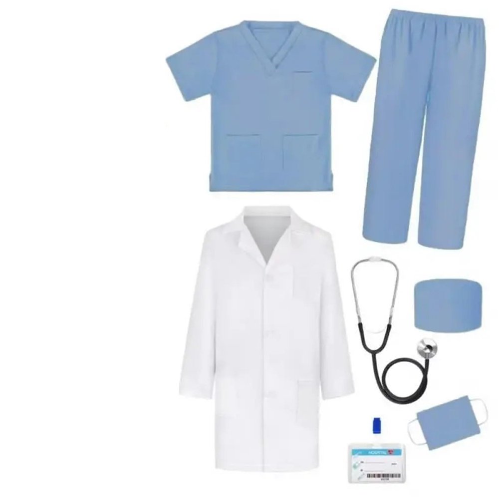 Snacko 7PCS Doctor Nurse Costume Set - Role Play Medical Scrubs With Stethoscope For Halloween Dress Up - Pink/Green/Blue(Blue,150(145-155CM))
