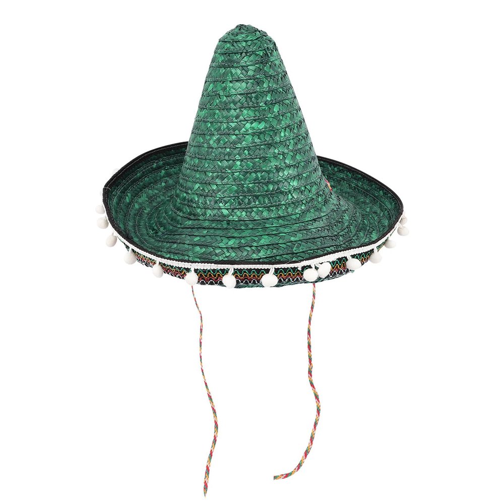 Abaodam Green 40cm Pom Pom Straw Sombrero Hat Mexican Party Decoration Carnival Hat for Fiesta and Costume