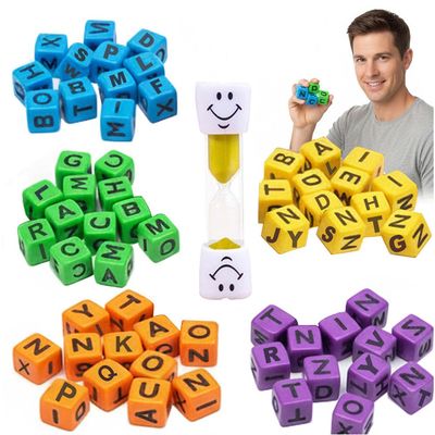 60pcs Dice Word Game Brain Exercise Games,3-Minute Quick Thinking: Crossword Board Game for Parties and Family Game Nights Portable Dice Set, for 1-5 PlayersWi(th a Three-Minute Hourglass) (1pcs)