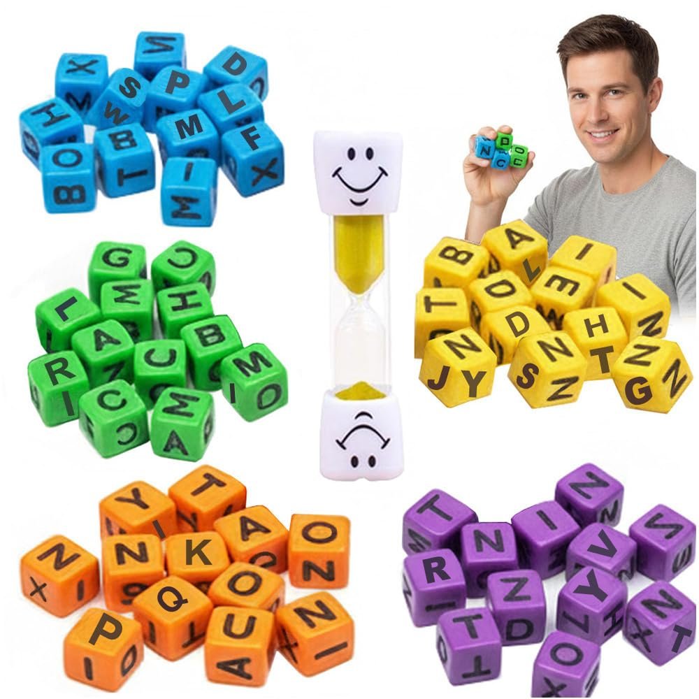 60pcs Dice Word Game Brain Exercise Games,3-Minute Quick Thinking: Crossword Board Game for Parties and Family Game Nights Portable Dice Set, for 1-5 PlayersWi(th a Three-Minute Hourglass) (1pcs)