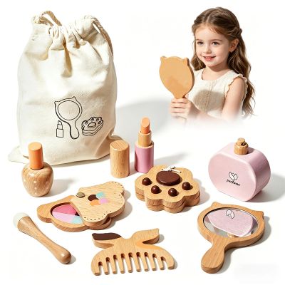 Brownroot Wooden Pretend Makeup Kit for Little Girls, Mess-Free Fake Makeup Toy Set with Animal Shaped Cosmetics, Mirror & Canvas Storage Bag, Toddler Princess Vanity Accessories Gift for Ages 3+